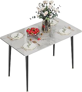 Kitchen Dining Table Marble Tabletop: Rectangular 120cm Contemporary Sintered Stone White Pattern High Gloss Marble Effect…