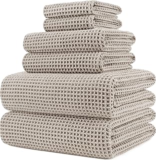 Polyte Microfibre Oversize, 76 x 152 cm, Quick Dry Lint Free Bath Towel Set, 6 Piece (Beige, Waffle Weave)