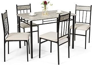 Giantex 5-Piece Dining Table Set w/Sturdy Metal Frame Table & 4 High-Back Chairs, Stylish Marble Texture Desktop, Modern T…