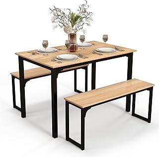 Giantex Dining Table Set for 4, 3 PCS Farmhouse Kitchen & Dining Room Furniture Kit with 2 Benches, Space-Saving Breakfast…