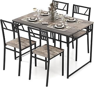 Giantex 5 Piece Dining Table Set, Industrial-Style Kitchen Table & 4 Chairs w/Wood Like Tabletop & Metal Frame, Rectangula…