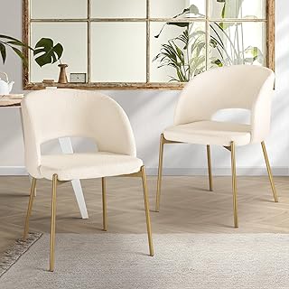 Oikiture Dining Chair Set of 2 Sherpa Kitchen Chair White and Gold