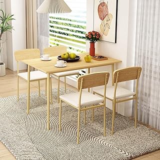 5 Piece Dining Table Set 4 Chairs Rectangular Wooden Table Upholstered Seats Kitchen Living Sitting Room Home Furniture Mi...