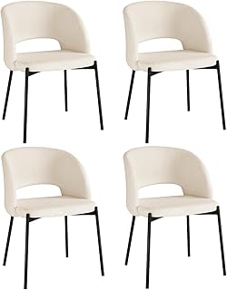 Oikiture Sherpa Dining Chairs Set of 4 Kitchen Chairs Set with Metal Frame Reading Seating for Home and Cafe White and Black
