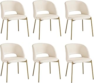 Oikiture Sherpa Dining Chairs Set of 6 Kitchen Chairs Set with Metal Frame Reading Seating for Home and Cafe White and Gold