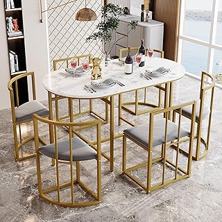 Luxury Dining Table Set with Six Chairs MWhite MDF Table and Iron Frame Soft Gray Velvet Upholstered Cushions Space Saving…
