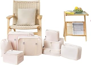 Luxury Lifestyle - Travel Luggage Organizers with Shoe Bag, Toiletry Bag & Laundry Bag (Beige) - 8-Pack Lightweight Packin...