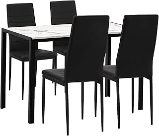 OIKITURE 5PCS Dining Table Set – 120cm Rectangle Kitchen Desk with Marble-Like Top, 4PCS Faux Leather Seat Chairs with Hig…